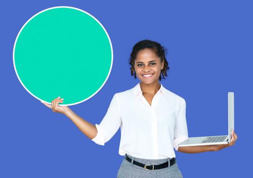 Young businesswoman holding a blank circle and a laptop - 492776