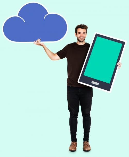 Cheerful man holding cloud storage icons - 492809