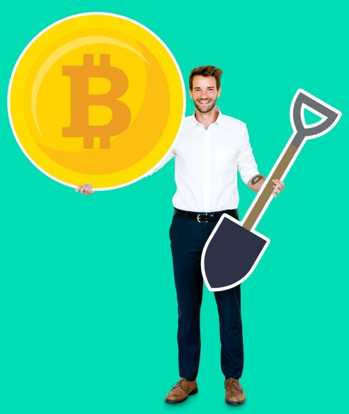 Businessman holding bitcoin cryptocurrency and mining concept icons - 492824