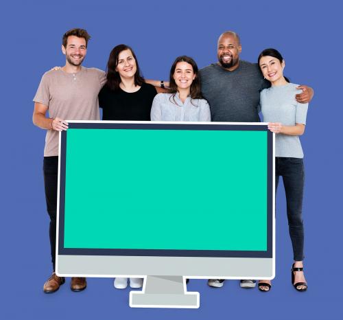 Diverse people with a blank computer screen mockup - 492831