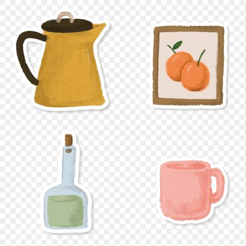 Set of household watercolor sticker doodle transparent png - 2035066