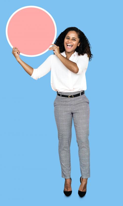 Cheerful businesswoman holding a round empty board - 492851