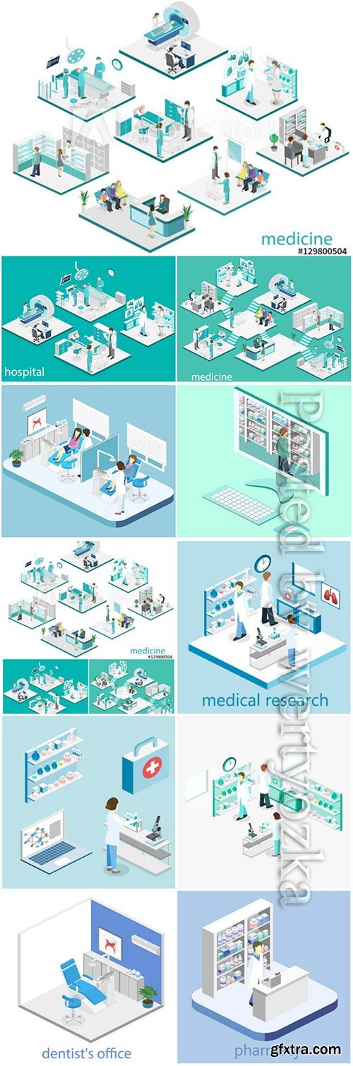 Isometric flat interior of hospital room, pharmacy, doctor's 