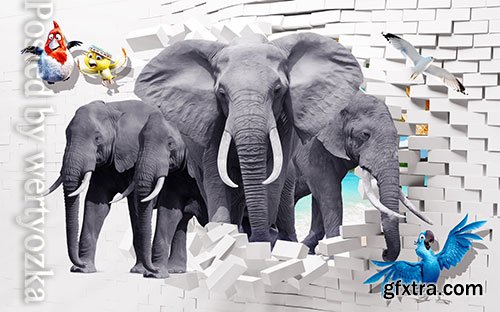 3D models template elephant animal bedroom wall