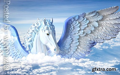 3D models template modern minimalist embossed flying horse blue background wall