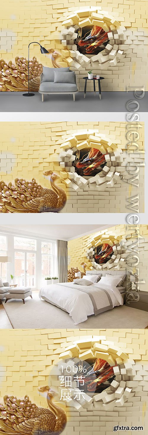 3D models template golden peacock and brick wall 