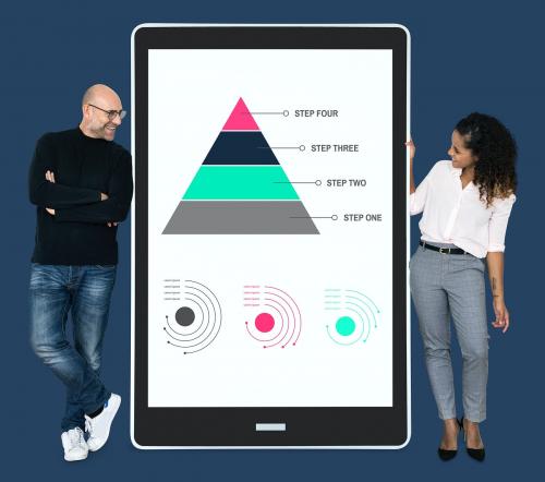 Businesspeople presenting work steps by a pyramid chart - 492943