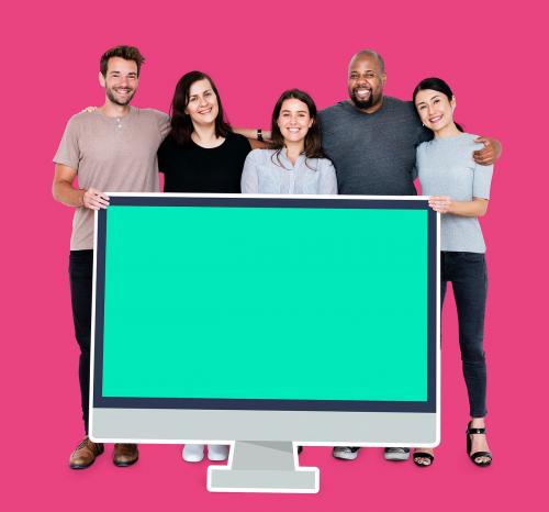 Diverse people with a blank computer screen mockup - 493030