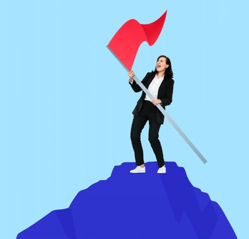 Business woman holding a flag on the mountain - 493110