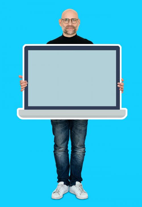 Man showing a blank laptop mockup - 493171