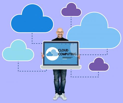 Cheerful man presenting cloud computing system on a laptop - 493205