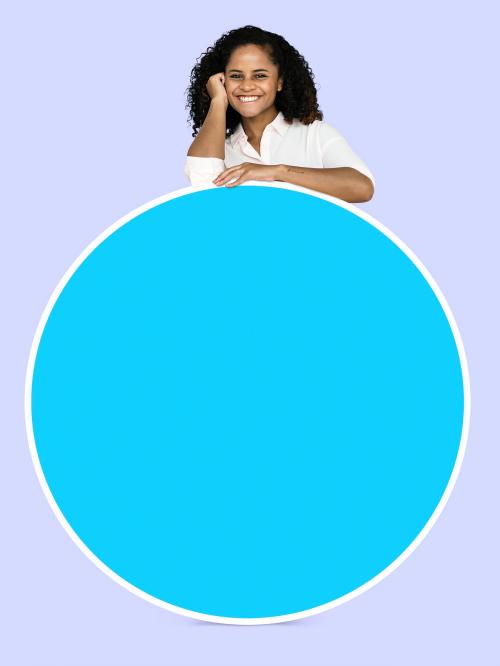 Woman showing a blank blue circle board - 493221