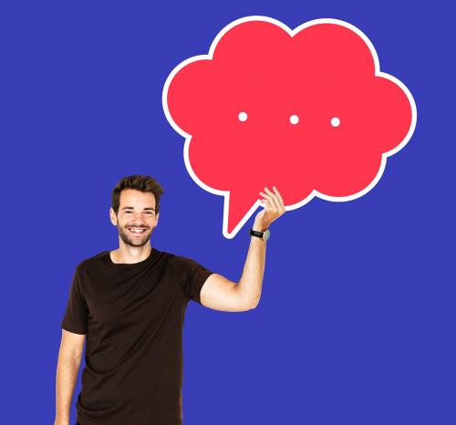 Happy man holding a speech bubble - 493246