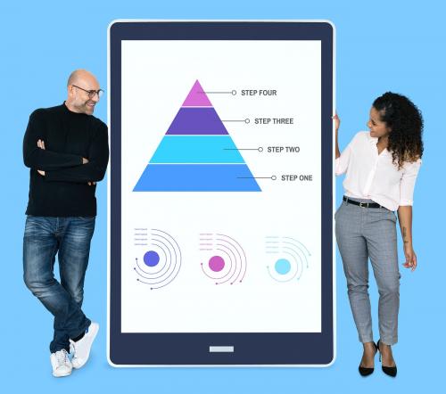 Businesspeople presenting steps by a pyramid chart - 493273