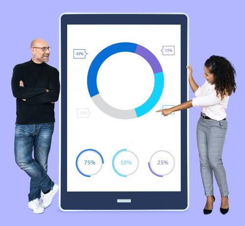 Businesspeople presenting a summary doughnut chart - 493299