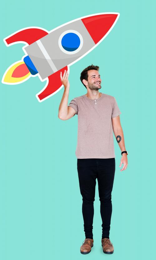 Creative man with a launching rocket symbol - 492238