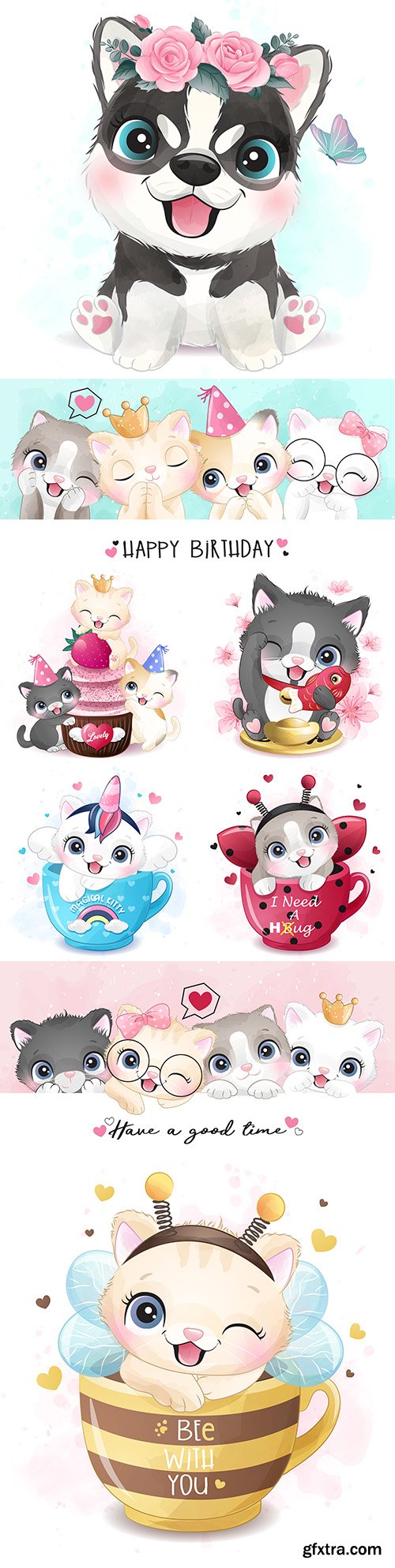 Cute little animals sit in tea cup illustration
