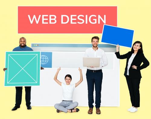 Happy diverse people holding a web design board - 492320