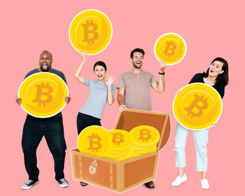 Diverse people investing in bitcoin cryptocurrency electronic cash - 492344