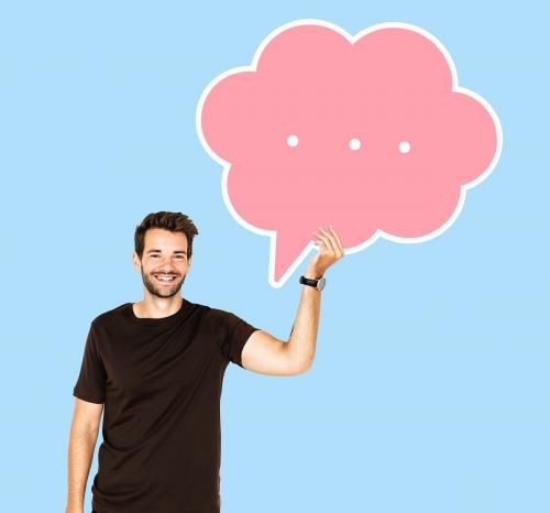 Happy man holding a speech bubble - 492441