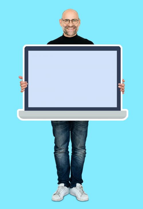 Man showing a blank laptop screen mockup - 492491