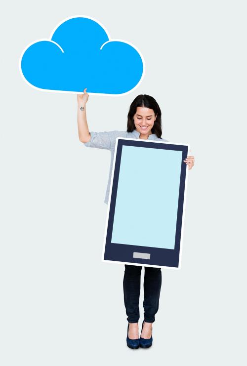 Cheerful woman holding an online cloud storage icon - 492505