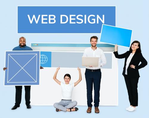 Happy diverse people holding a web design board - 492537