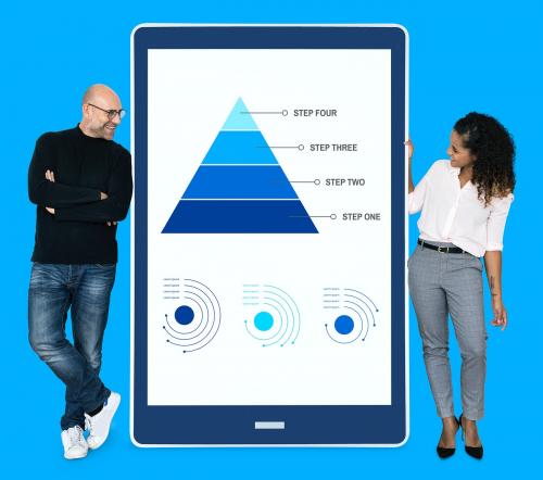 Businesspeople presenting work steps by a pyramid chart - 492551