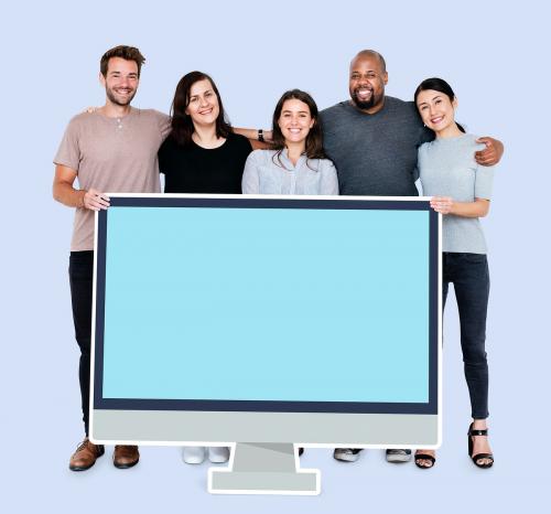 Diverse people with a blank computer screen mockup - 492564