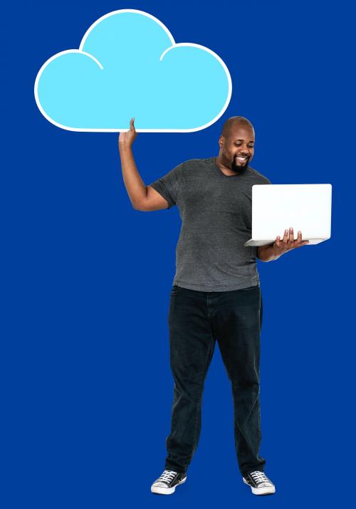 Cheerful man holding an online cloud storage symbol - 492571