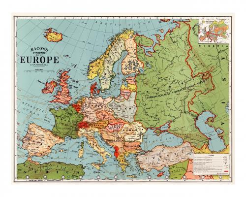 Bacon's standard map of Europe vintage illustration wall art print and poster design remix from original artwork. - 2264078