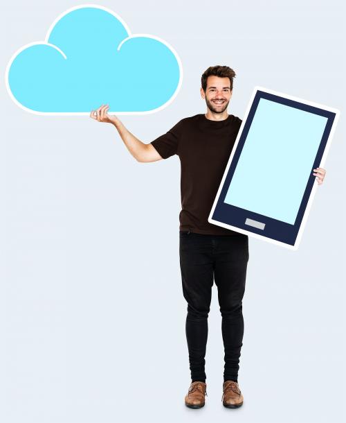 Cheerful man holding online cloud storage icons - 492603