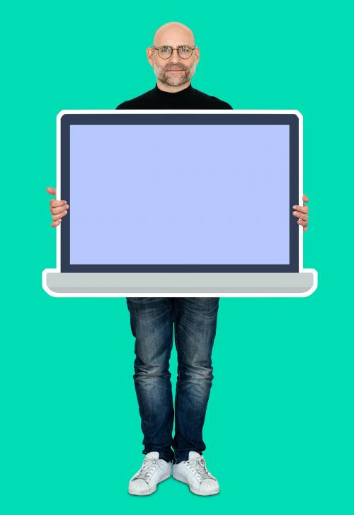 Man showing a blank laptop screen mockup - 492682