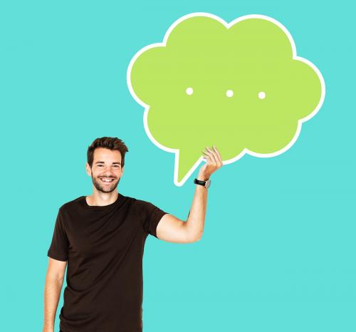 Happy man holding a speech bubble - 492694