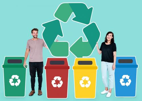 Couple with a recycle symbol and trash bins - 492704