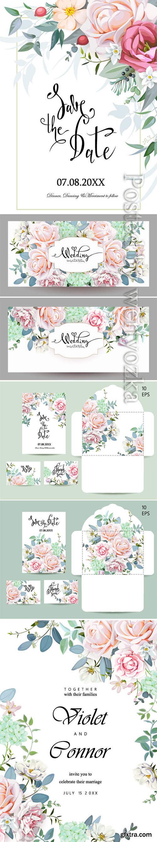 Wedding vector set with invitations and an envelope