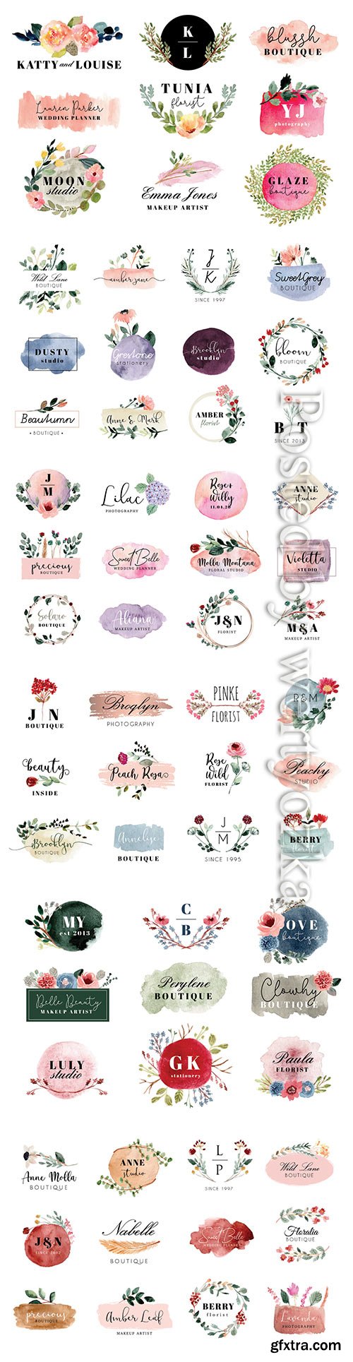 Logo with beautiful floral and brush stroke watercolor collection