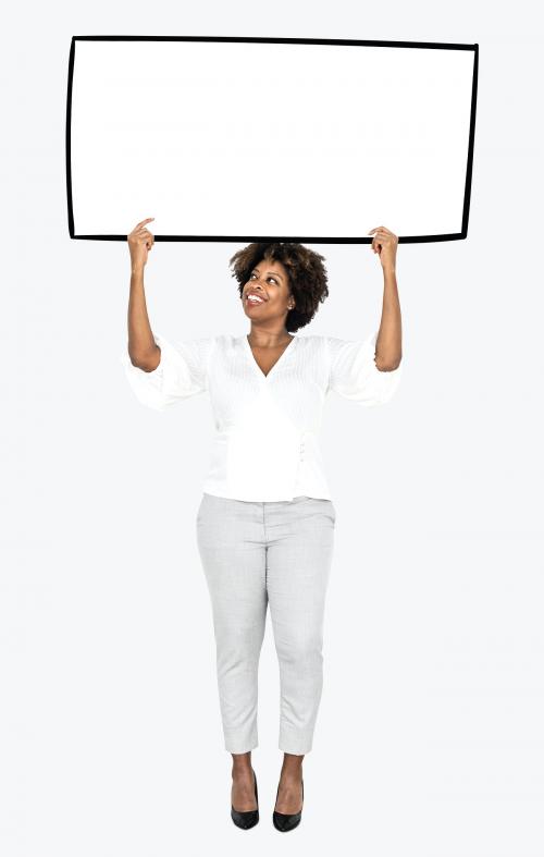 Cheerful woman showing a blank white banner - 491417