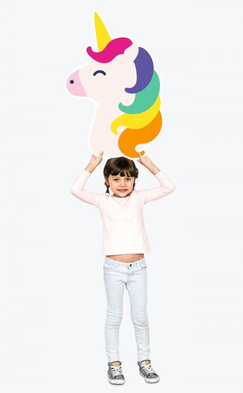 Happy girl holding a unicorn icon - 491640