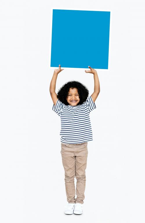 Happy boy holding a blue square board - 491715
