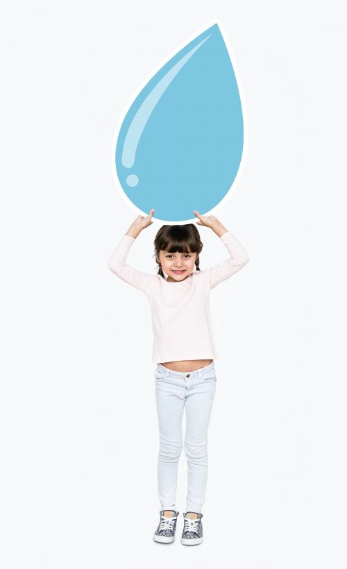 Happy girl holding a blue water droplet icon - 491775