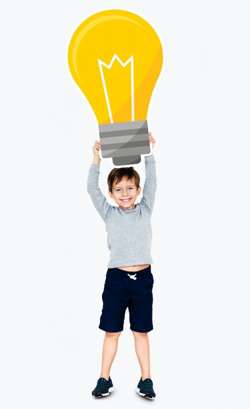 Cute boy holding a light bulb icon - 491796