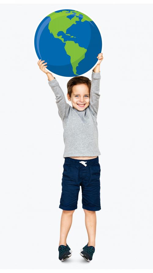 Happy boy holding an earth icon - 491797