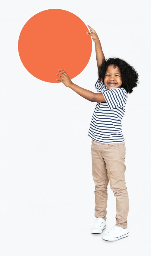Happy kid holding an orange empty board - 491822