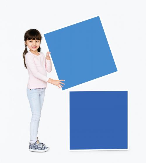 Adorable girl stacking empty square boards - 491874