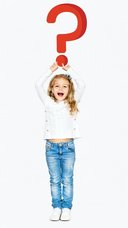 Cheerful girl holding a question mark sign - 491910