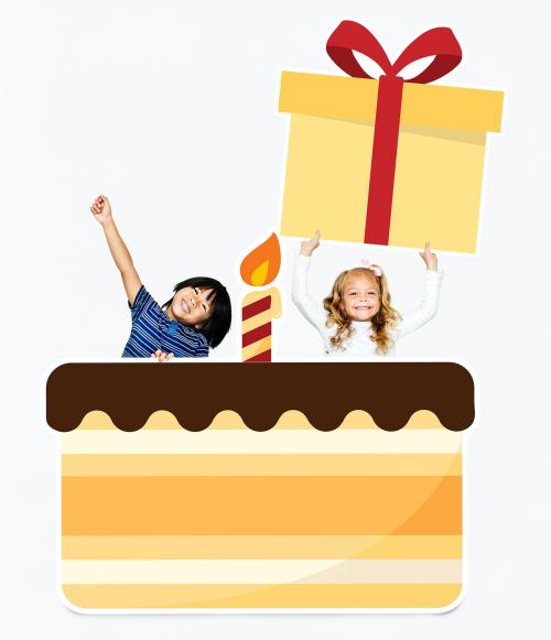 Happy kids celebrating a birthday party with cake - 491914