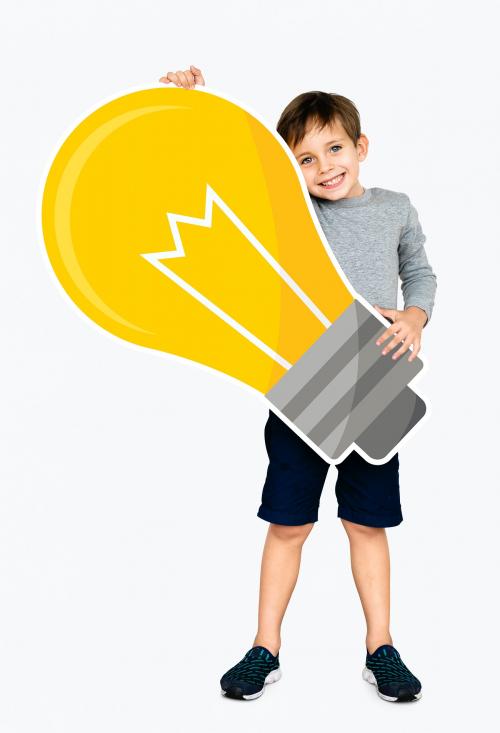 Cute boy holding a light bulb icon - 491929