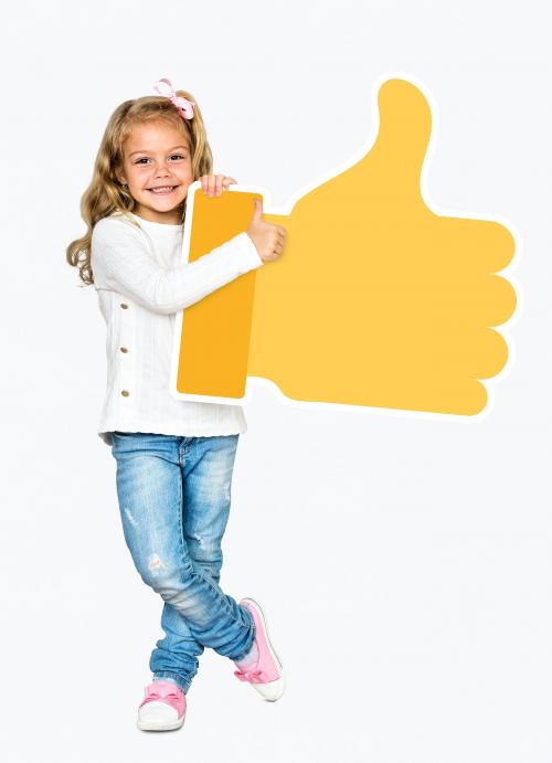 Happy girl holding a yellow thumbs up icon - 491952