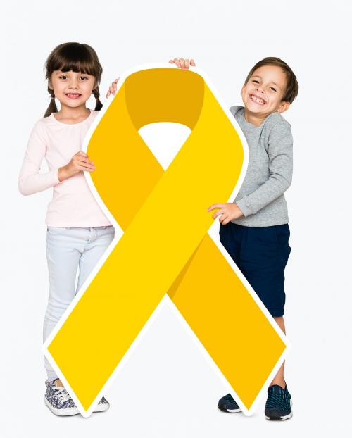 Young kids holding gold ribbon supporting childhood cancer awareness - 491975